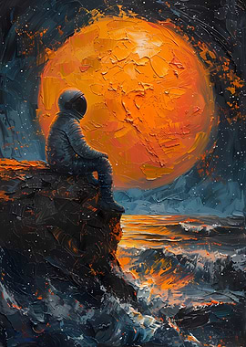 Astronaut Contemplating a Fiery Ocean