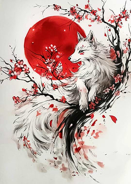 Fox in Cherry Blossoms with Red Sun