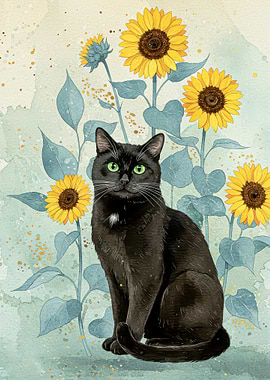 Black Cat and Sunflowers