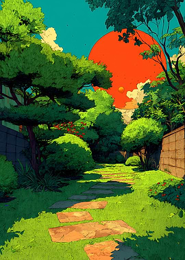 Japanese Garden with Red Sun