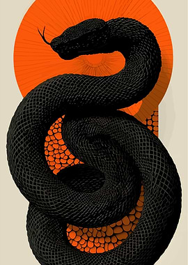 Coiled Black Snake with Orange Accents