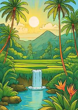 Tropical Landscape with Waterfall and Palms