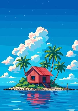 Tropical Island Hut with Palm Trees