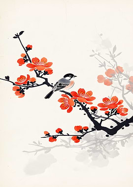 Bird on Blossoming Branch Painting