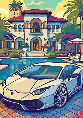 Luxury Lifestyle: Car, Mansion, and Pool