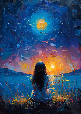 Girl Gazing at Night Sky Painting