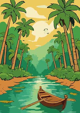 Tropical River with Boat and Palms