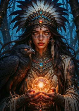 Mystic Woman with Raven and Orb