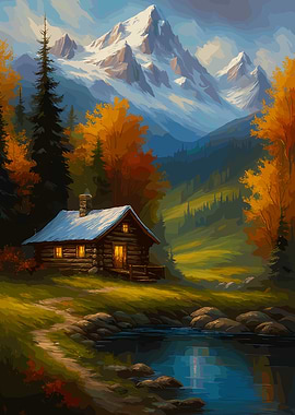 Cabin by the Lake in Autumn