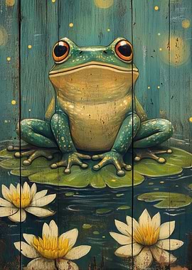 Frog on Lily Pads Painting | Frog on Rustic Wood