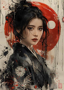 Asian Woman in Kimono with Red Circle