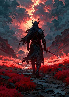 Dark Warrior in Red Landscape