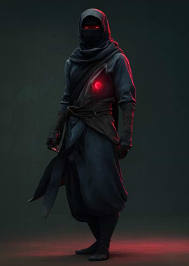 Mysterious hooded figure with glowing eyes