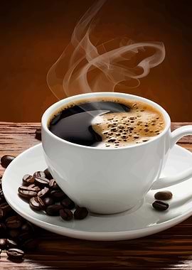 Steaming Cup of Coffee with Beans