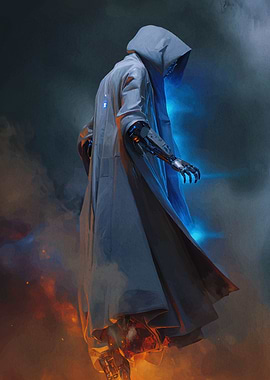 Cyberpunk Figure in Hooded Robe