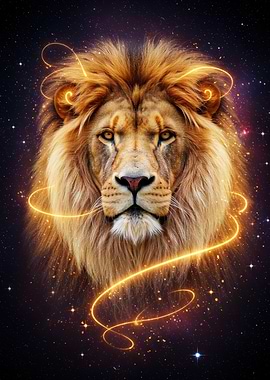 Lion in Space with Golden Light