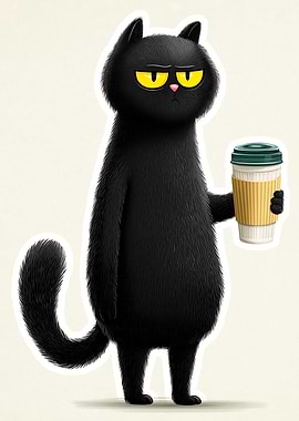 Grumpy Black Cat with Coffee