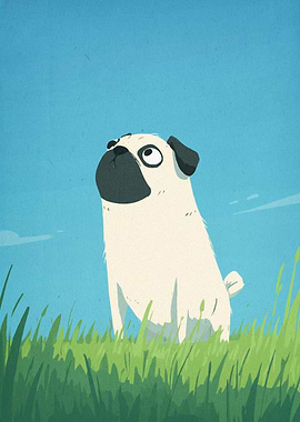 Cartoon Pug in Grassy Field
