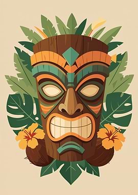 Tiki Mask with Tropical Foliage