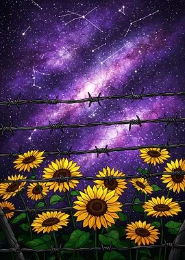 Sunflowers, Barbed Wire, and Galaxy