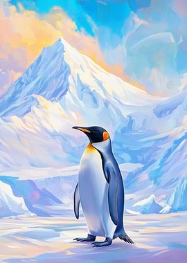 Penguin in Snowy Mountain Landscape