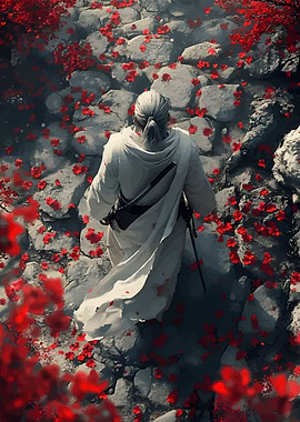 Samurai Path Amidst Red Blossoms