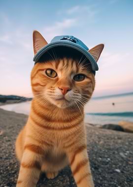 Ginger Cat with a hat on the beach