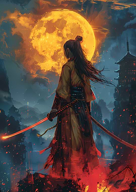 Samurai Woman Under the Moon