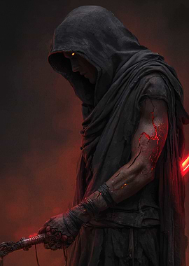 Dark hooded figure with red lightsaber