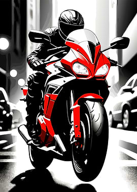 Red Motorcycle Rider in Cityscape