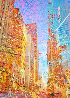 Autumn Cityscape with Overlayed Leaves