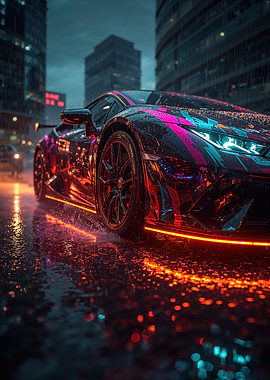 Neon Lamborghini in Rainy Cityscape
