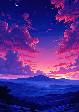 Pink and Blue Mountain Landscape