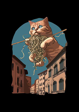 Giant Cat with Spaghetti over City
