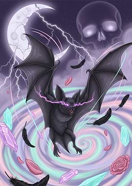 Pastel Goth Mystical Bat with Crystals and Skull