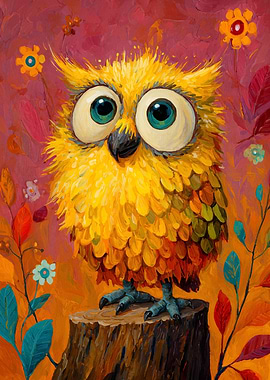 Whimsical Yellow Owl on Stump Painting