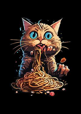 Cartoon Cat Eating Spaghetti