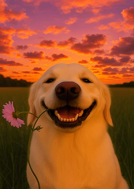 Smiling Golden Retriever with Flower