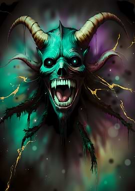 Teal Demon with Horns and Fangs