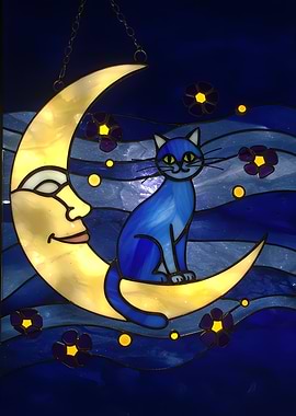 Stained Glass Cat on Moon