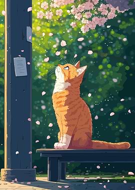 Ginger Cat Under Cherry Blossoms