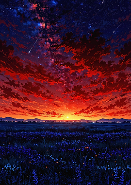 Sunset Over Field of Flowers