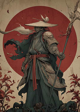 Samurai Warrior with Halberd and Hat