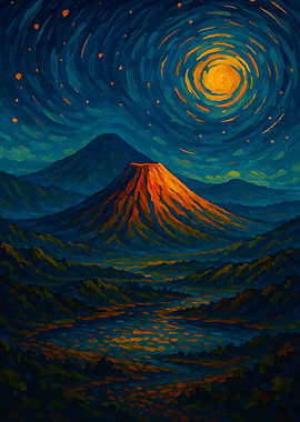 Volcanic Landscape Under Swirling Night Sky