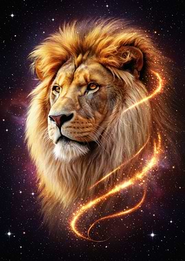 Lion in Space with Golden Light