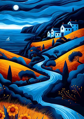 Coastal Village Landscape Painting