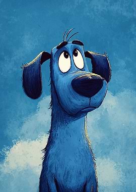 Pensive Blue Cartoon Dog Illustration