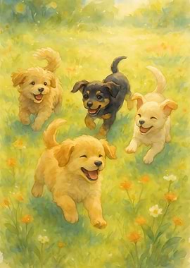 Watercolor of Four Puppies Playing in a Field