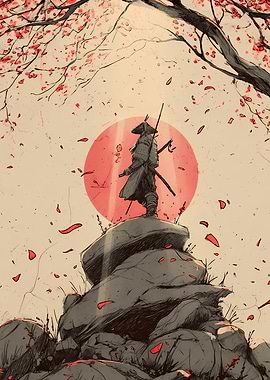 Samurai on a Rock with Cherry Blossoms