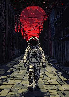 Astronaut in Alley with Red Moon